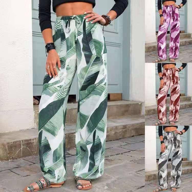 Fashion Drawstring Leaf Print Beach Pants Summer Casual-1