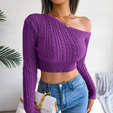 Fashion Fried Dough Twist Off The Shoulder Long Sleeve Short-Purple-2