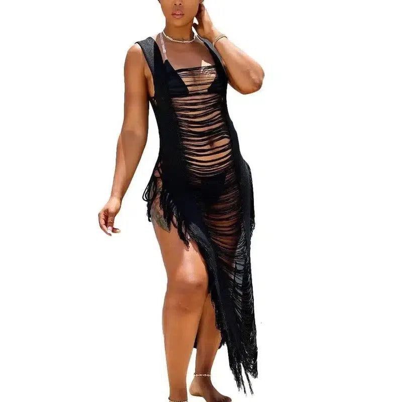 Fashion Holiday Style Smock Fringed Dress-Black-4