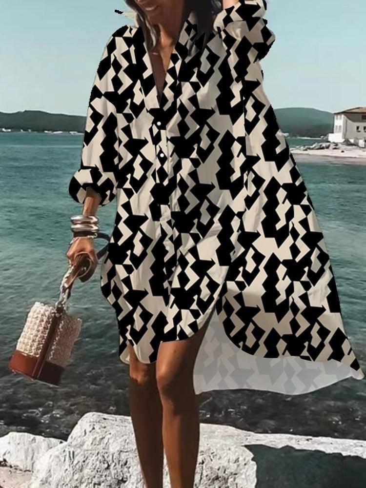 Fashion Loose Digital Printing Long Sleeve Lapel Shirt Dress-Figure 1-6