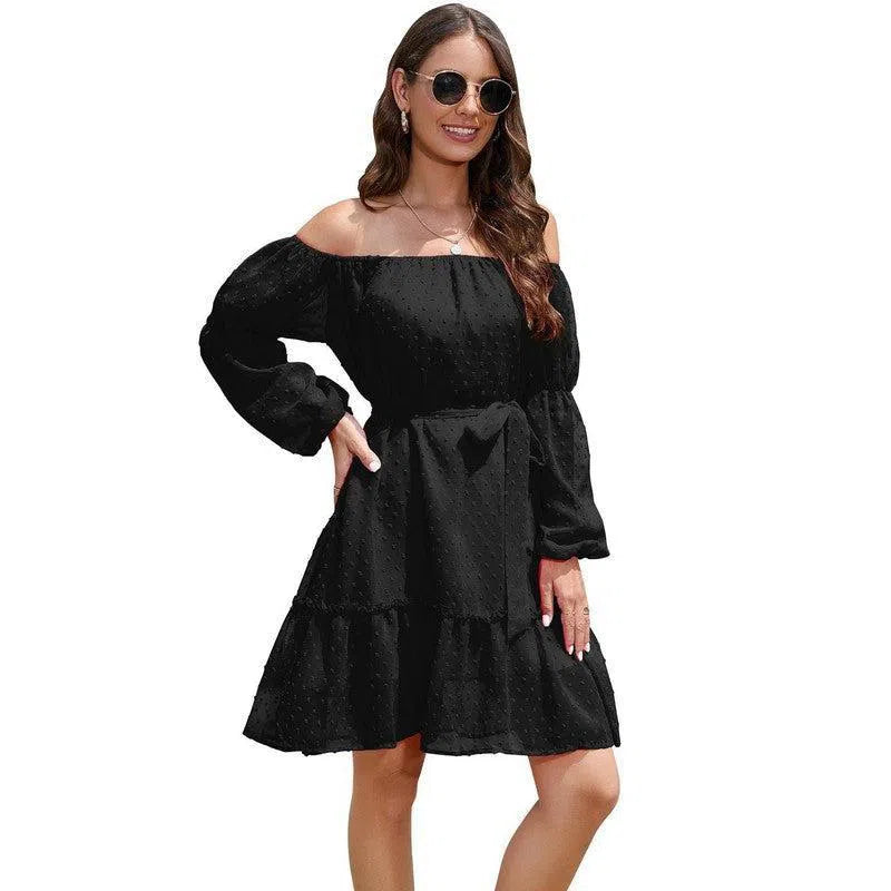 Fashion One-shoulder Long Sleeve Dress For Women Tie Waist Off-shoulder Bubble Dot Ruffle Design Chiffon Dress-Black-5