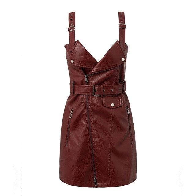 Fashion PU leather women dress V neck mini bodycon sexy-Burgundy-6