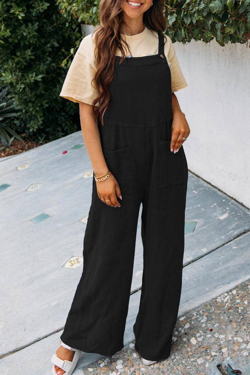 Fashion Square Neck Jumpsuit With Pockets Spring Summer-Black-2