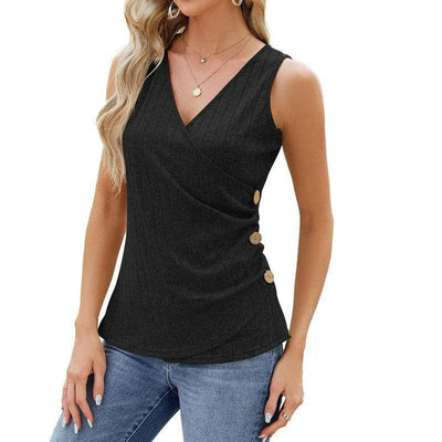 Fashion Vest With Button Design New Sleeveless V-neck T-shirt Solid Color Tank Tops Summer Women's Clothing-Black-2