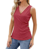 Fashion Vest With Button Design New Sleeveless V-neck T-shirt Solid Color Tank Tops Summer Women's Clothing-Red-7