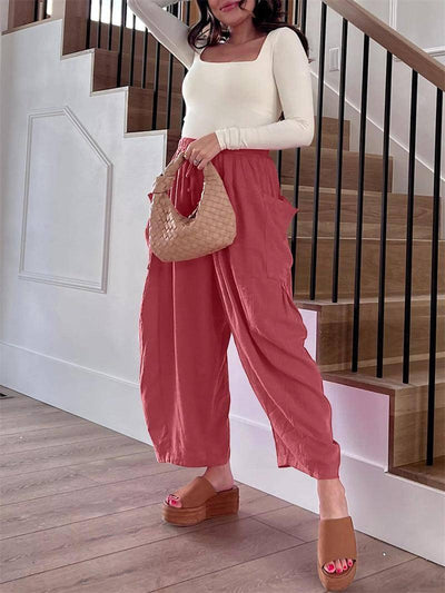 Fashion Wide Leg Pants Summer Loose Elastic High Waist-Pink-4