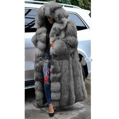 Faux Fur Coat Women Long Hooded Fur Coat-Grey-2