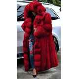 Faux Fur Coat Women Long Hooded Fur Coat-Red-4