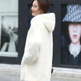 Female Mink Fur Coat With Hood-White-2