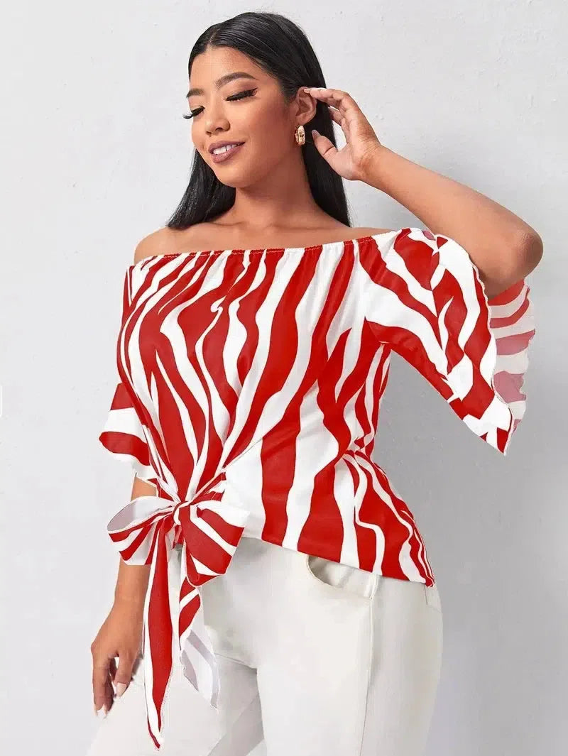 Finjani Red Panel Blouse Barrel Neck Bell Sleeves Striped-1