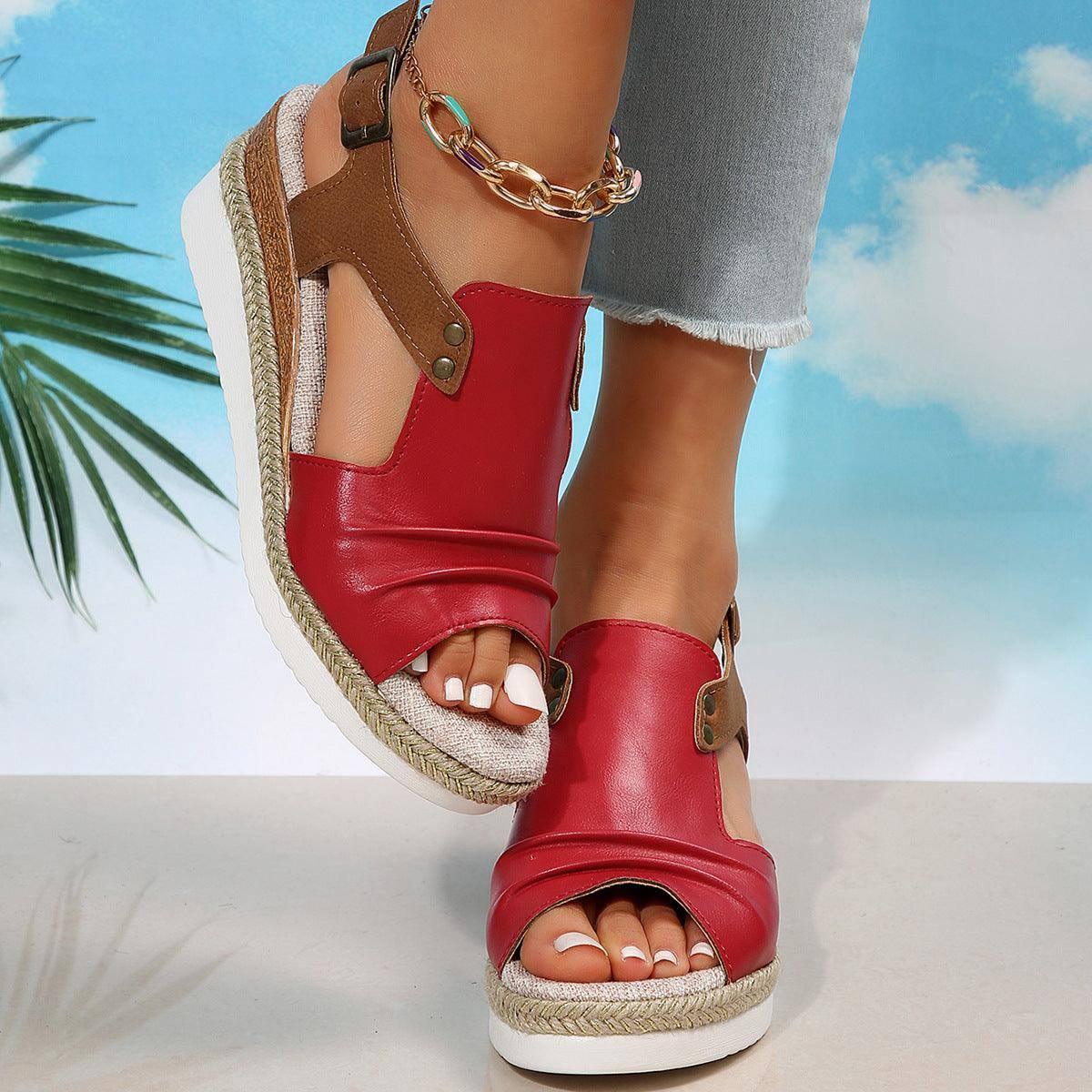 Fish Mouth Wedges Sandals With Straw Design Summer Peep Toe-Red-9