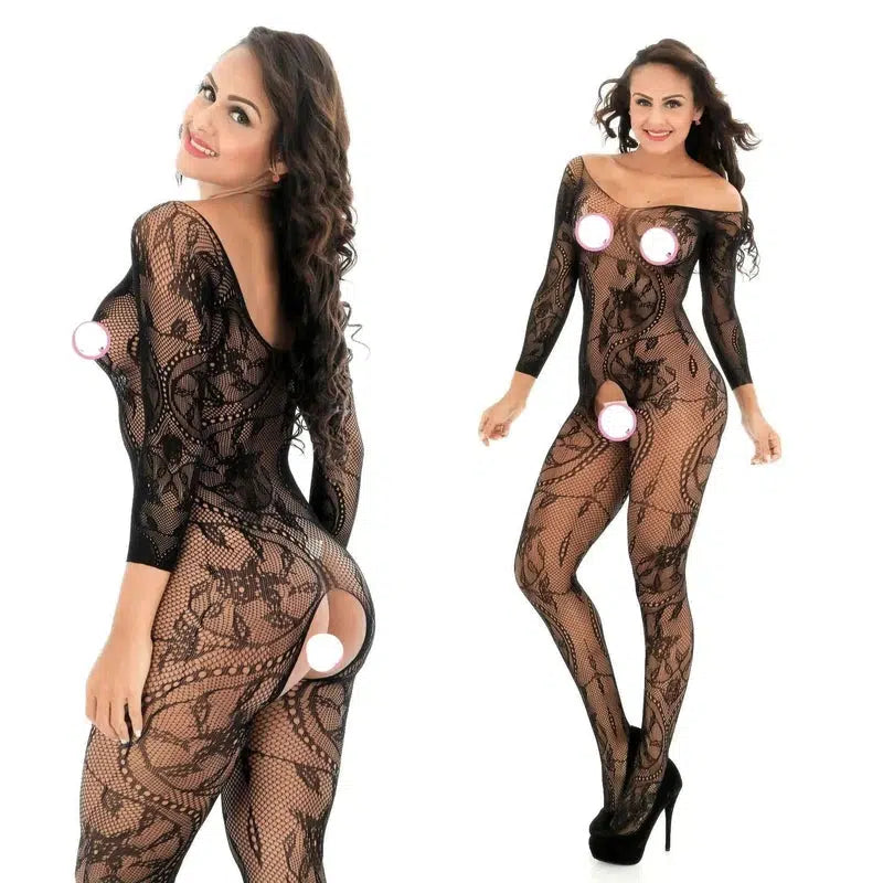 Fishnet Clothing Hollow One-Piece Lingerie Women-Black-4