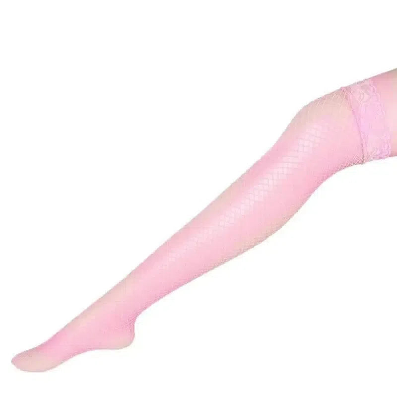 Lace-Trimmed Fishnet Stockings-Pink-2