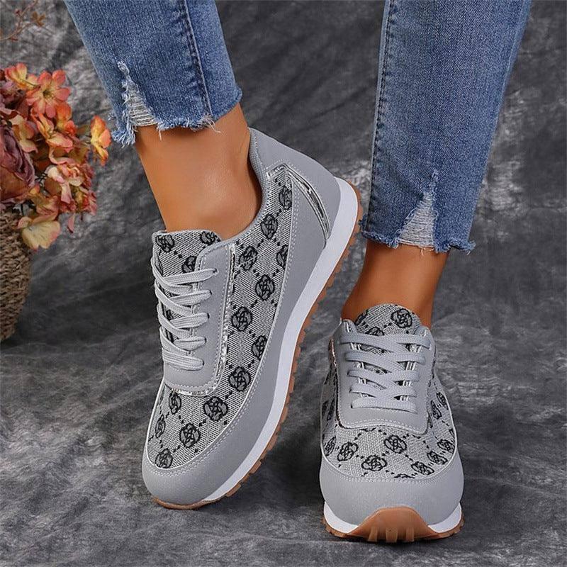 Flower Print Lace-up Sneakers Casual Fashion Lightweight Breathable Walking Running Sports Shoes Women Flats-2