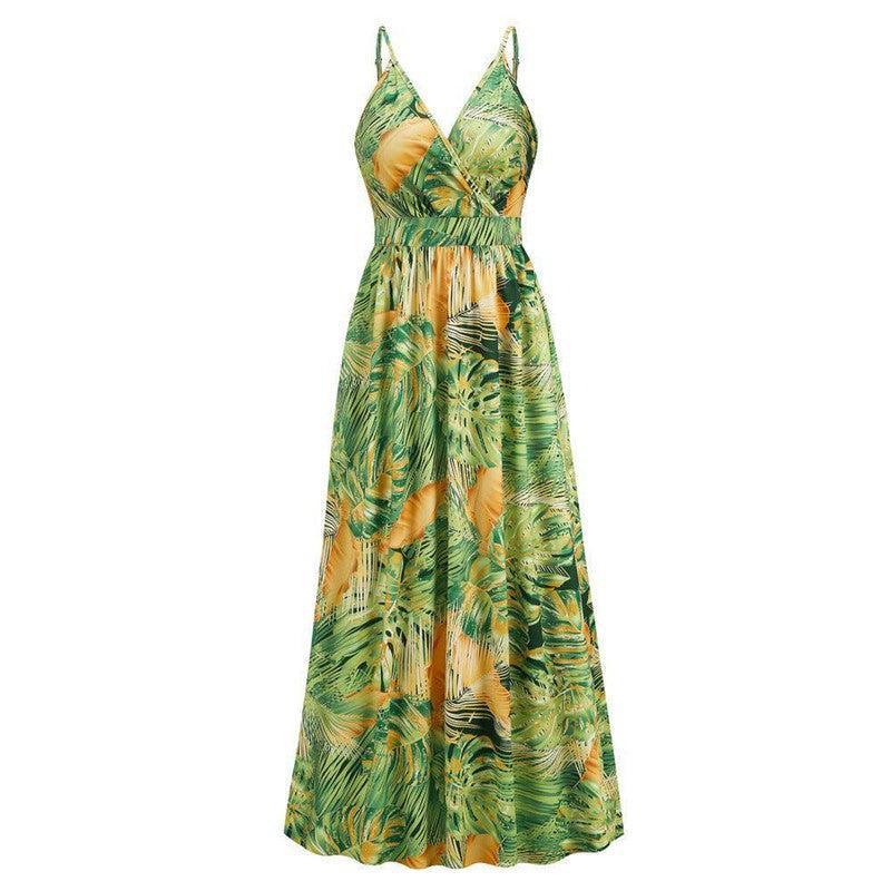 Flowers Long Dress Summer Swing Holiday Beach Dress-Green-12