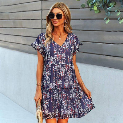 Flowers Print Short-sleeved Dress Summer Loose Chiffon-Navy Blue-4