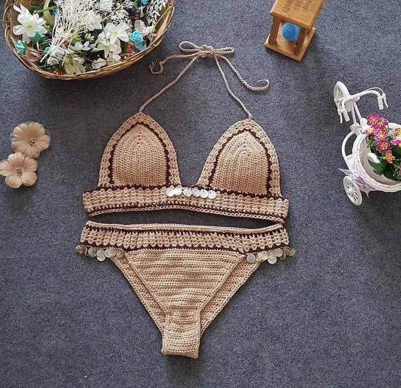 Foreign Trade Knitted Bikini, Europe And America Beach-Brown-3