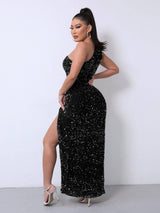 Foreign Trade Sleeveless One Shoulder Slash Neck Sequins-Black-12