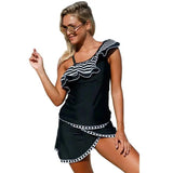 Geometric Print Ruffled Beach Skirt Split Swimsuit-Black2-2