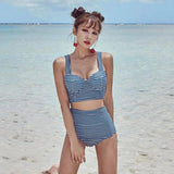 Girl Split Retro Plaid HighWaist Lace Bow Bikini-Blue-2