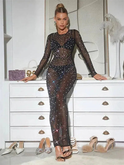 Sparkly Long Sleeve Maxi Dress-Black-6