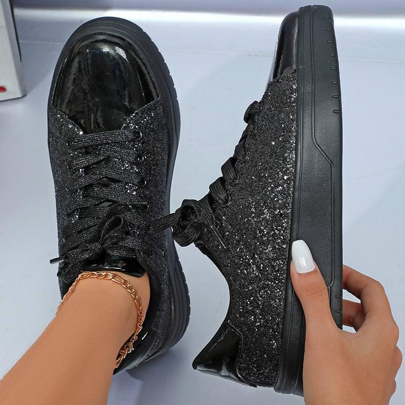 Glitter Sequin Design Flats Shoes Women Trendy Casual Thick-soled Lace-up Sneakers Fashion Skateboard Shoes-4