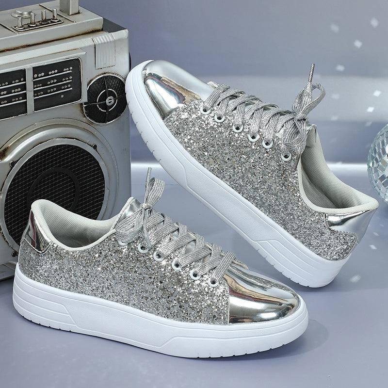 Glitter Sequin Design Flats Shoes Women Trendy Casual Thick-soled Lace-up Sneakers Fashion Skateboard Shoes-Silver-6