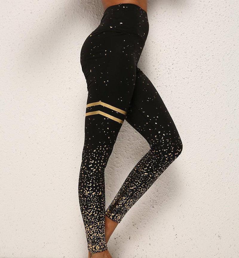 Gold Dot Striped Print Leggings Fitness Butt Lifting Running Sport Gym Yoga Pants For Women High Waist Slimming Legging Tight Trousers-Black Gold-1