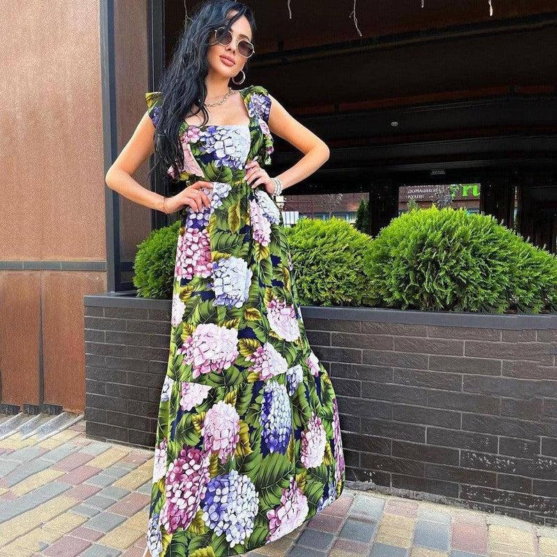 Green Floral Sleeveless Backless Dress-Flower-1