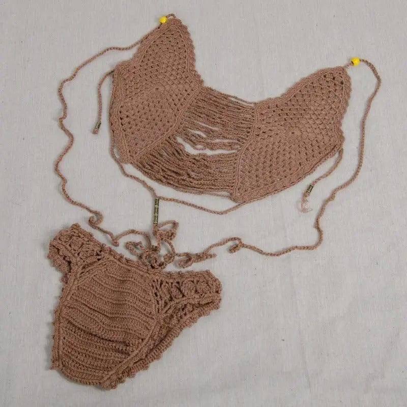 Handmade Crochet sexy bikini, Europe and America beach-Khaki-3