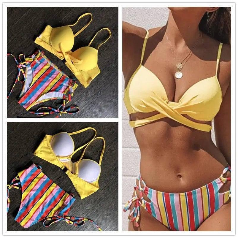 Hard Cover Striped Bikini Split Swimsuit-Yellow-1