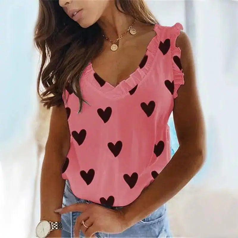 Heart Print V-Neck Ruffled Pleated T-Shirt Top-Pink-3