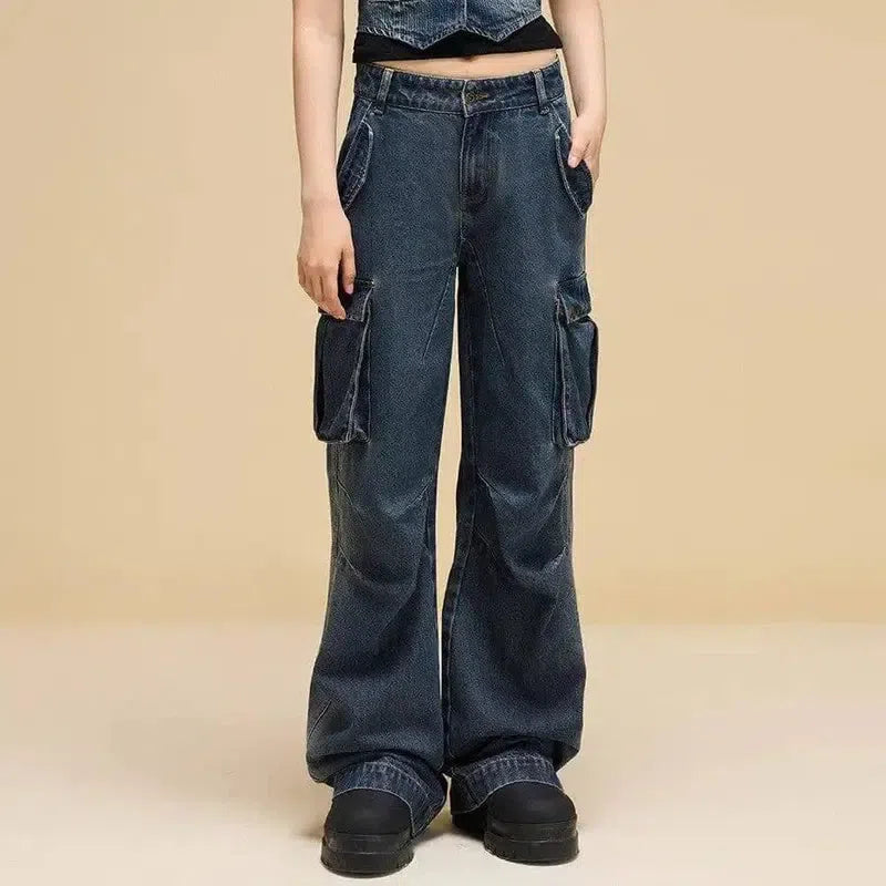 Women's Wide Leg Denim Cargo Pants - Trendy Streetwear-1