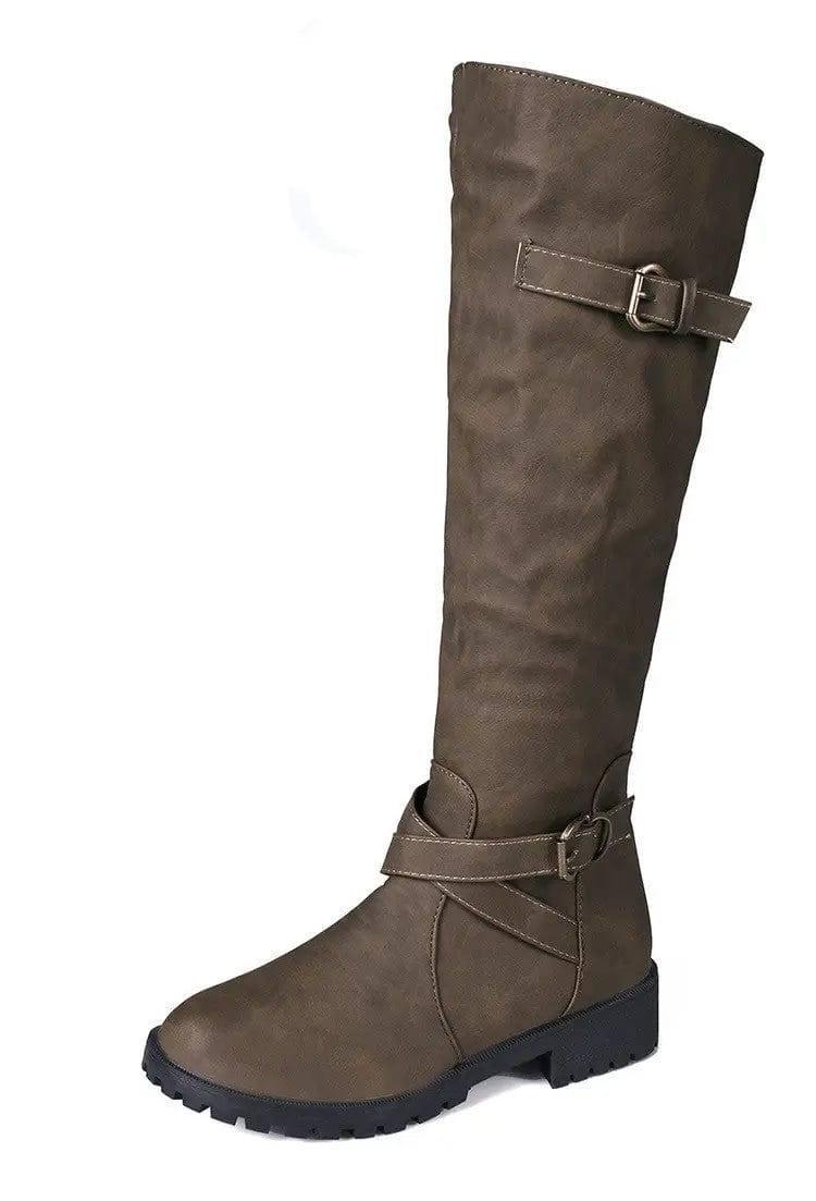 High Boots Women Retro One-Step Boots Round Toe Thick Heel-Army Green-4