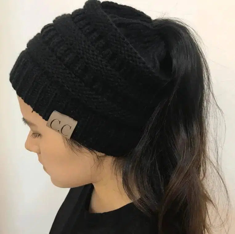 High Bun Ponytail Beanie Hat Chunky Soft Stretch Cable Knit-Black-13