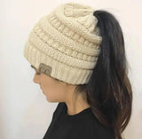 High Bun Ponytail Beanie Hat Chunky Soft Stretch Cable Knit-Beige-14