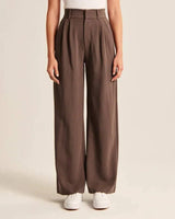 High Waist Straight Trousers With Pockets Wide Leg Casual Suit Pants For Women-Dark Brown-8