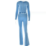 Hoodie Suit Women Leisure Zip Long Sleeve Sweater And High Waist Long Pants Set-Blue suit-11