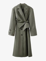 Irregular-panel Single-breasted Lapel Long Coat-Dark green-7