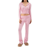 Knitted Hooded Suits Women's Fashion High Waist-Pink-5