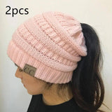 Knitted Ponytail Hat, Women's Wool Hat Fashion-Pink2pcs-28