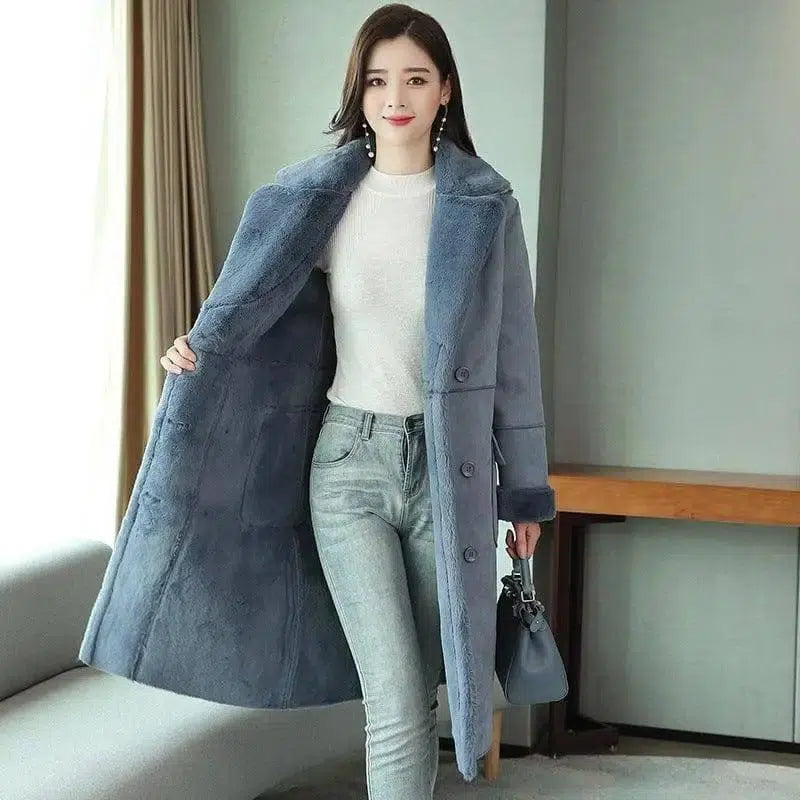 Korean style loose fur coat mid-length deerskin cotton-DenimBlue-3