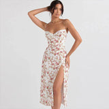 Lace Flowers Print Long Dress Fashion Slit Suspender Dress Summer Womens Clothing-4