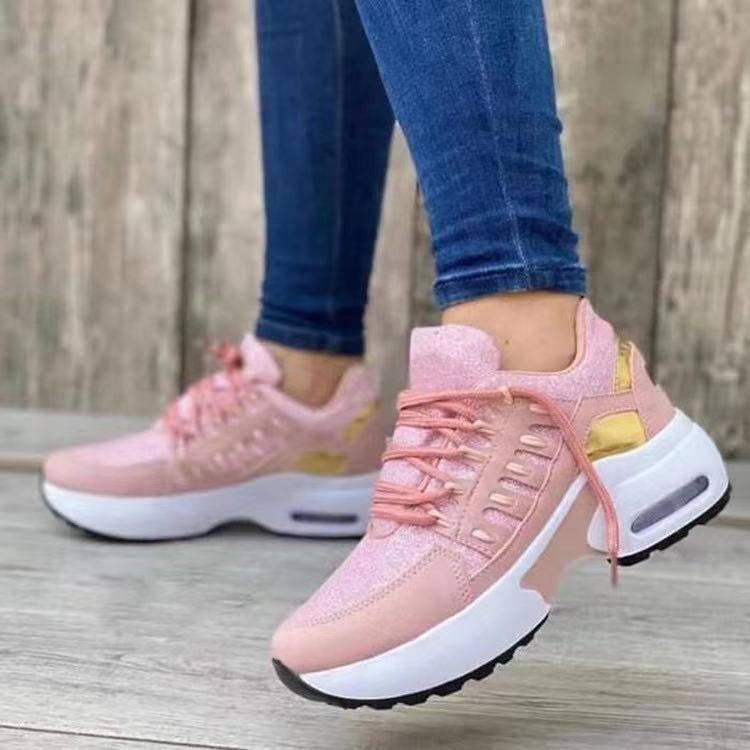 Lace Up Sneakers Women Wedge Heel Running Sports Shoes-Pink-6