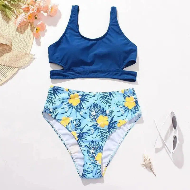 Ladies High Waist Solid Color Printed Swimsuit-Blue-2
