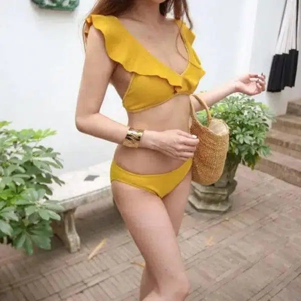 Ladies V-Neck Bikini Two Piece Set-Yellow-2