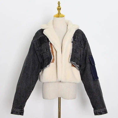 Lamb wool loose thick denim jacket-Black-5