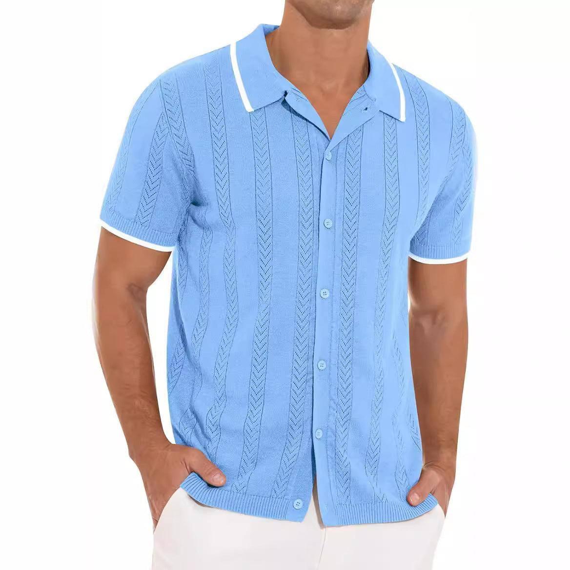 Lapel Short-sleeved Shirt Summer Fashion Casual Stitching-Sky Blue-4