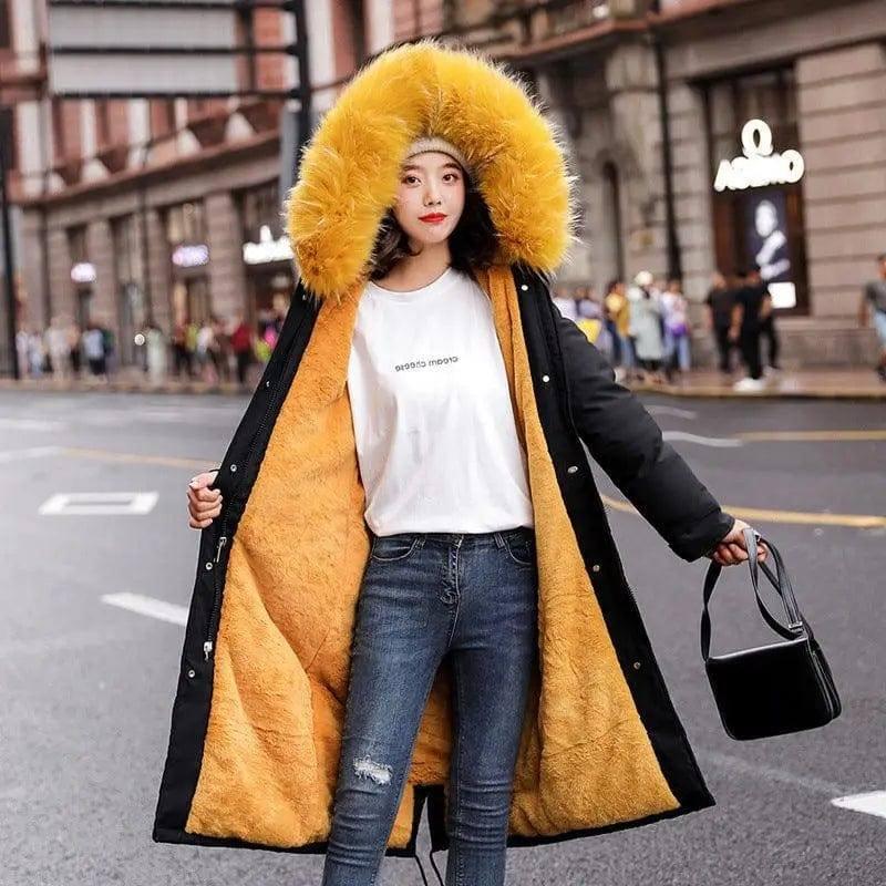 Large fur collar down padded jacket-Yellow-4