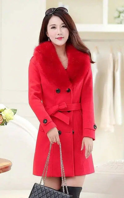 Large fur collar woolen coat-Red-6